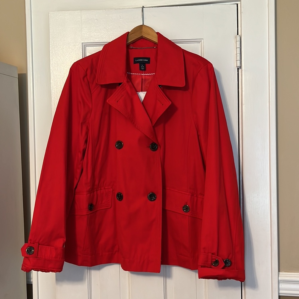 Lands End Red Double-Breasted Peacoat Style Rain Coat Jacket. Size L 14-16. New